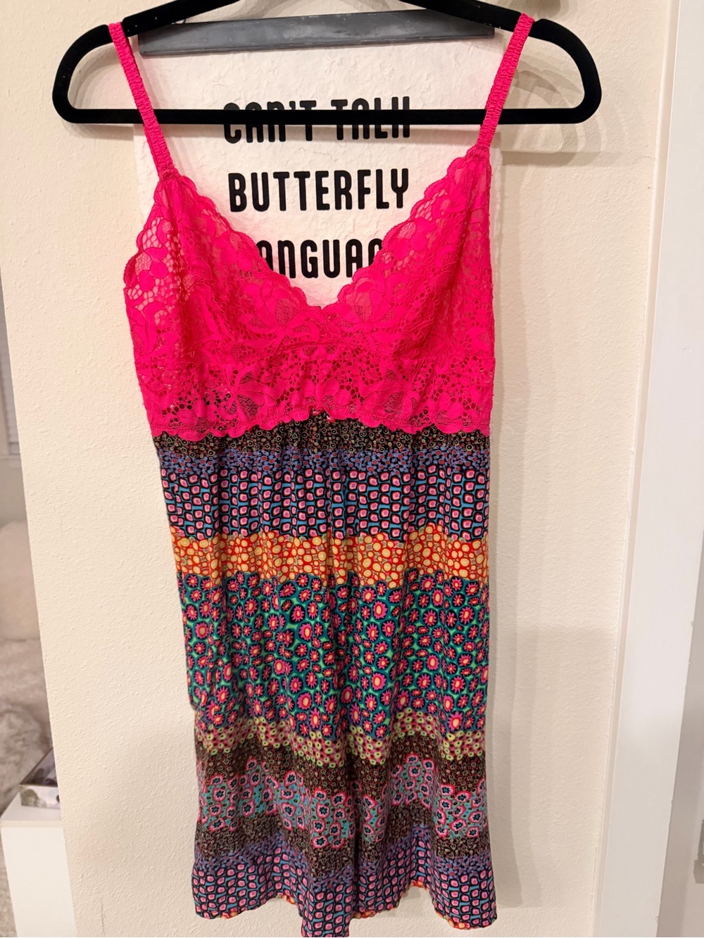 Natori Hot Pink Lace Bodice Multicolor Printed Slip Dress